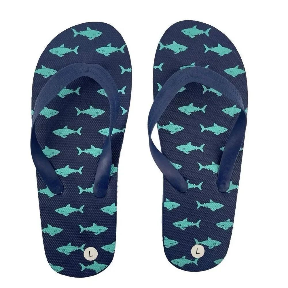 Boy’s Navy Blue Fish Shark Printed Foam Flip-Flop Sandals Large 2/3